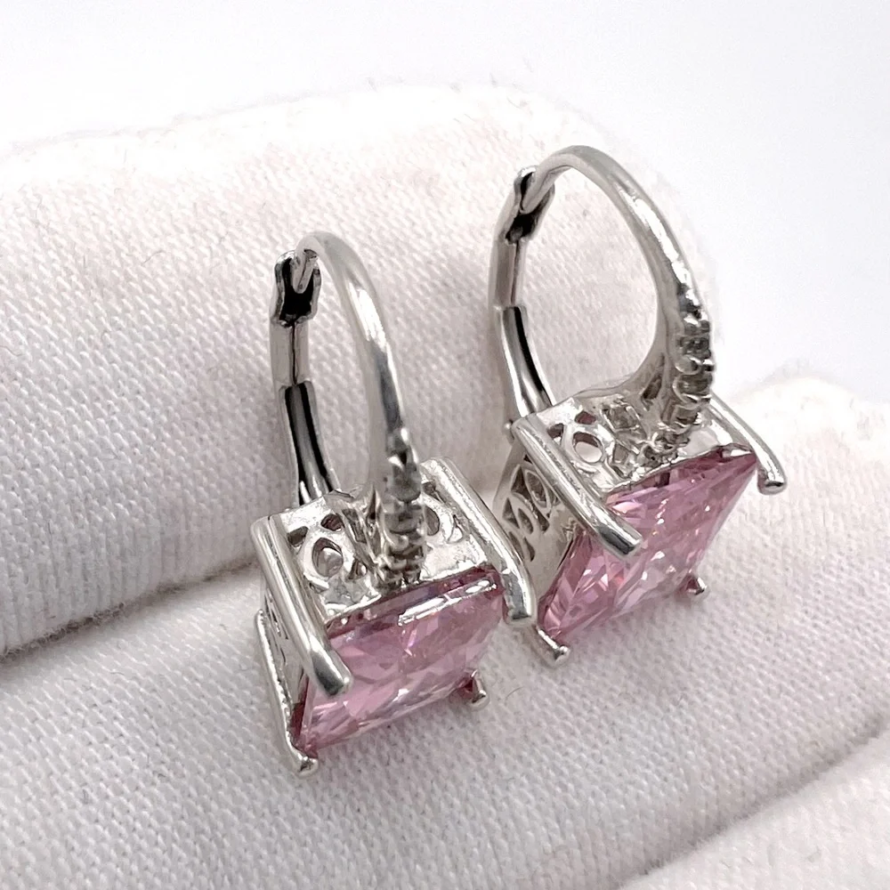 .925 Sterling Silver 9mmx7mm Rectangle Pink Cz Lever Back Earrings - Picture 11 of 13
